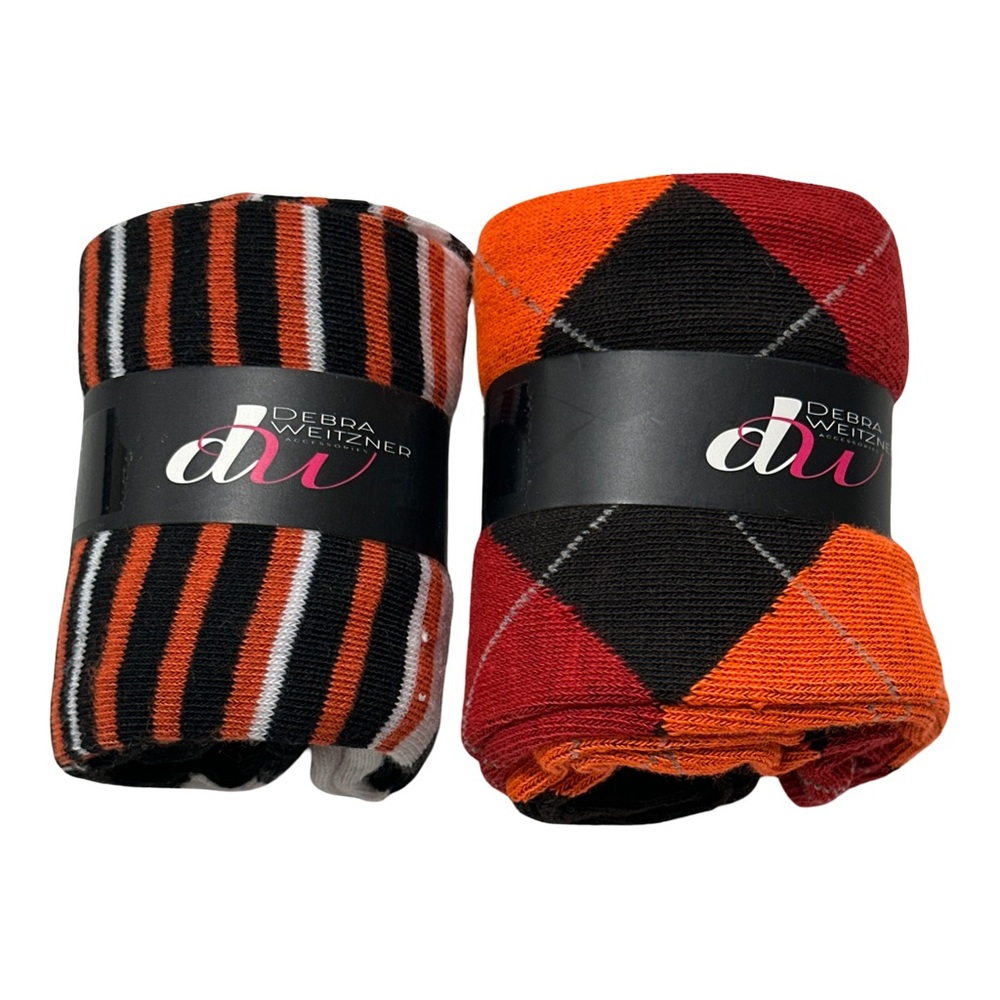 Debra Weitzner Men’s 2-Pair Sock Set Black Orange Stripes & Argyle NWT Size 9-11